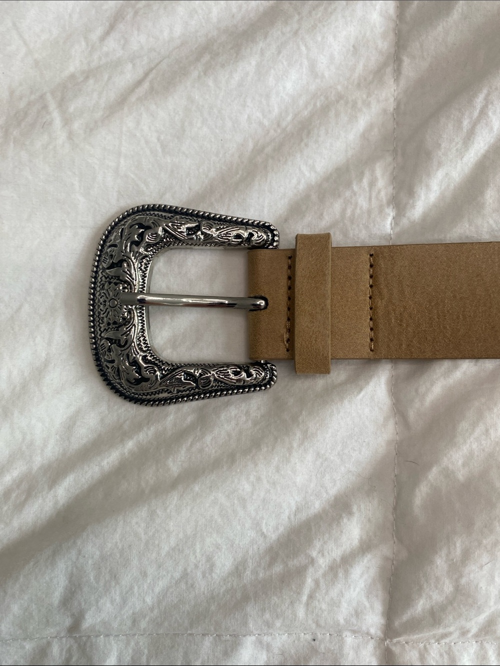 Women's Tan Studded faux leather Belt with Decorative Silver Buckle - Picture 2 of 3